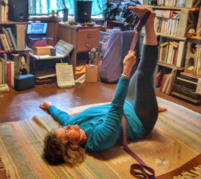 Ann Constantino, co-owner of SoHum Yoga, teaching a class via Zoom in the comfort of her home. [Photo provided by Ann Constantino]