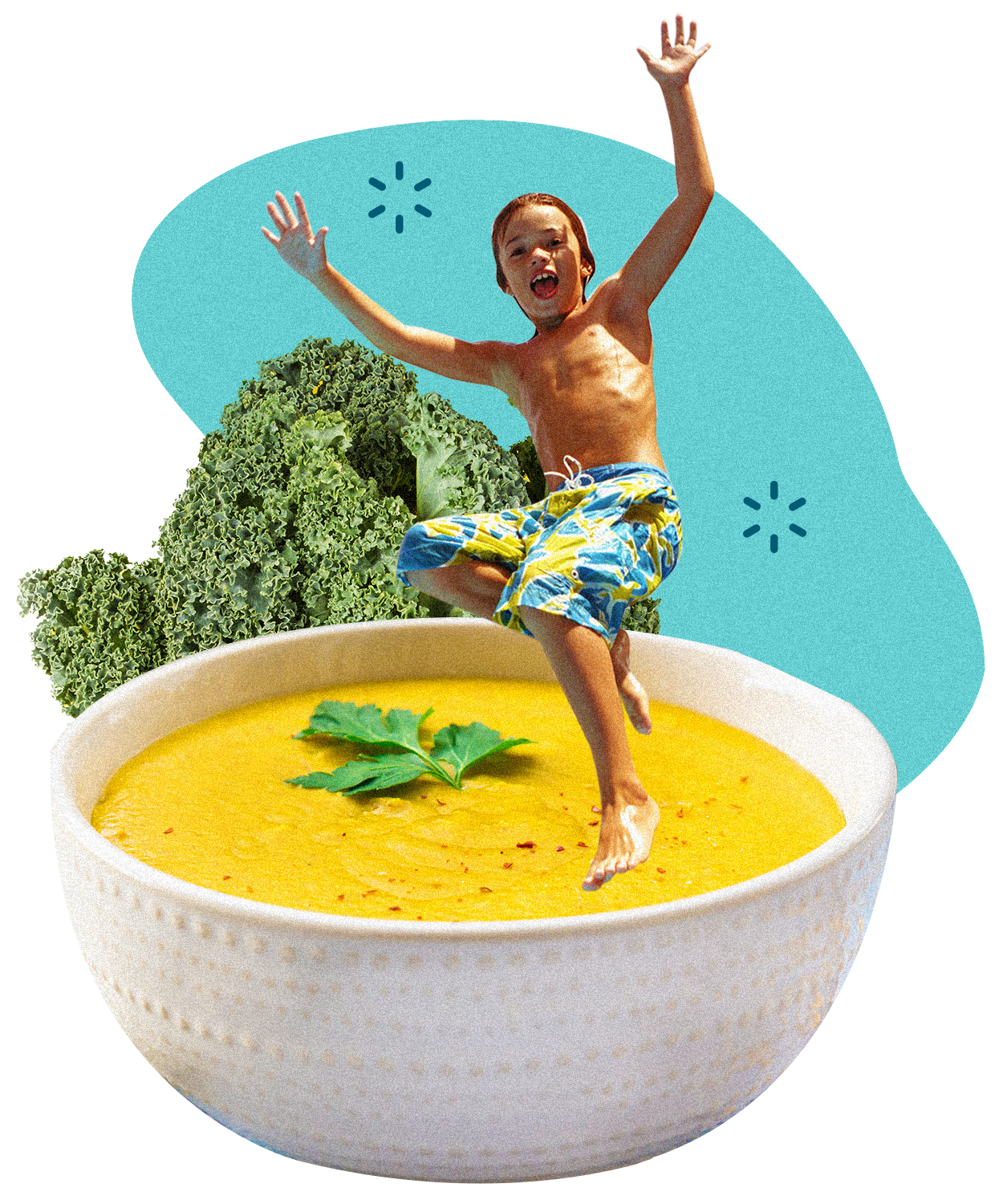 young boy jumping into a soup bowl