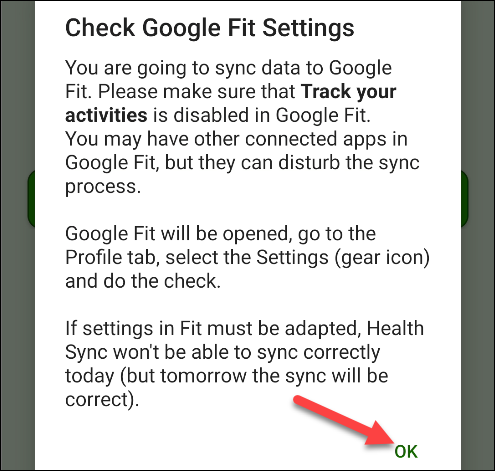 Tap "OK" in the "Check Google Fit Settings" popup.