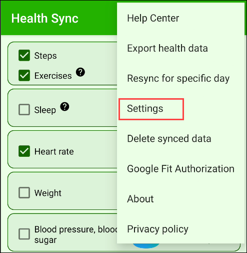 Tap "Settings" in the Health Sync app.