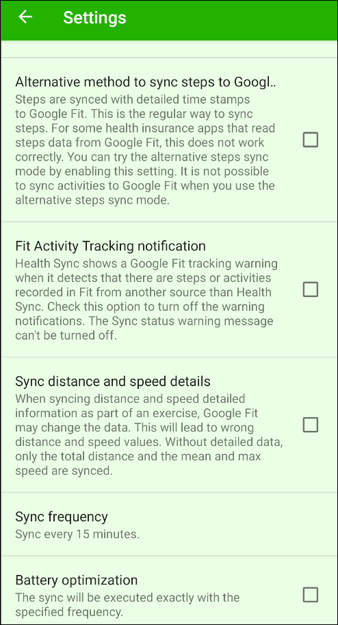 The Health Sync "Settings" menu.