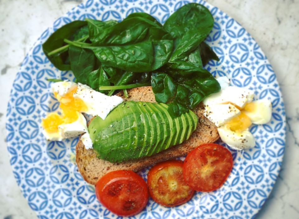 Avocado toast egg spinach tomato