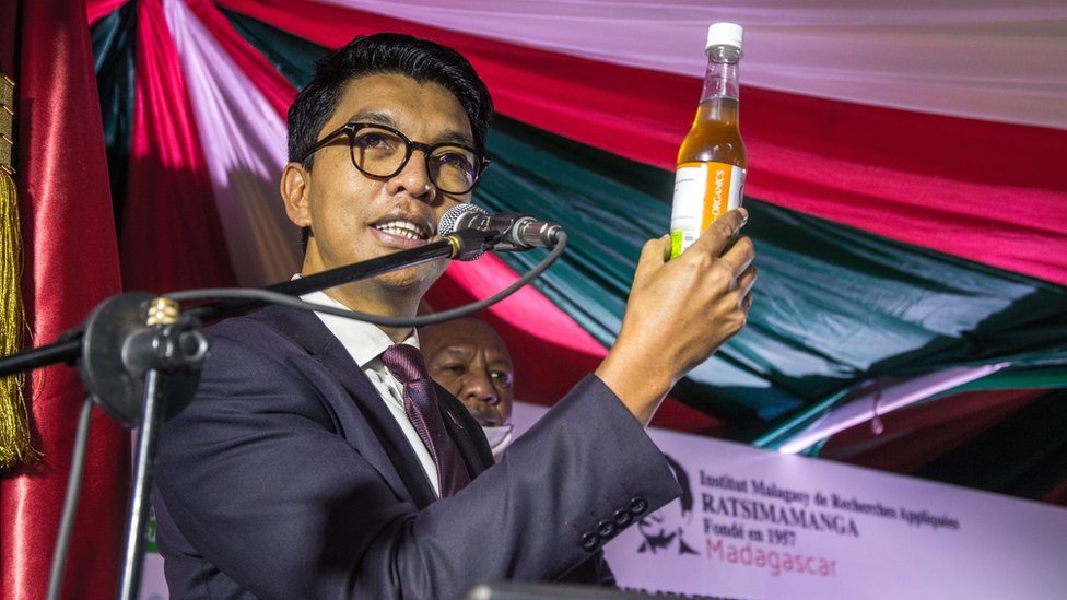 The President of Madagascar Andry Rajoelina attends a ceremony to launch "Covid Organics" or CVO, in Antananarivo, on 20 April 2020.