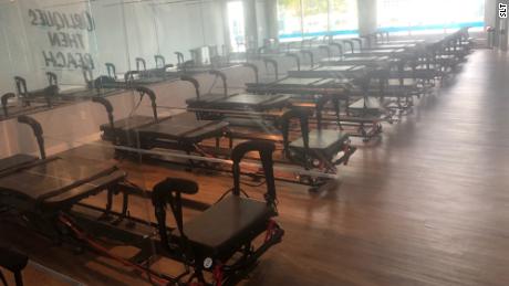 A row of Pilates-related exercise machines is pictured at an SLT fitness studio location in Southampton, New York studio on September 8, 2020.